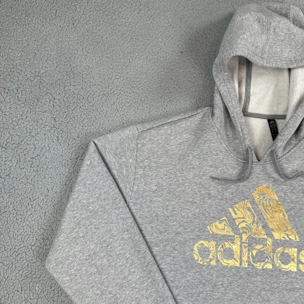 Adidas Liquid Gold Foil Badge of Sport Hoodie Men 2XL Heather Grey Pullover Logo